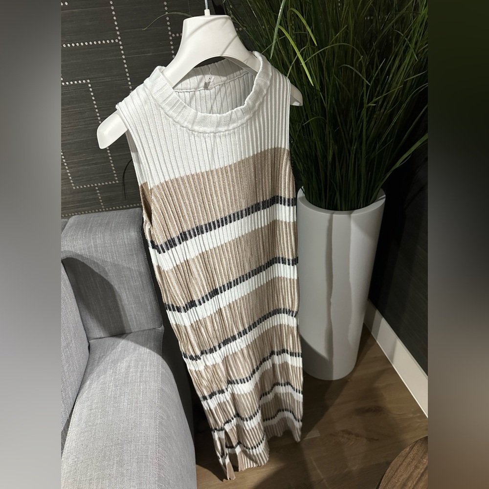 Striped Sleeveless Knit Dress - Cream and Tan by Ossira -Argentinian lux brand-